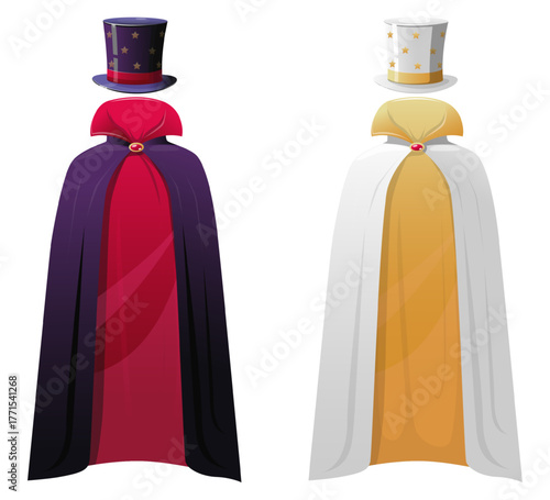 Magicians cloak and hat. Masquerade clothing. Mysterious mantle and cap. Cosplay clothes. Illusionist stage costume. Circus performer cylinder. Vector set of dark and light wizard capes