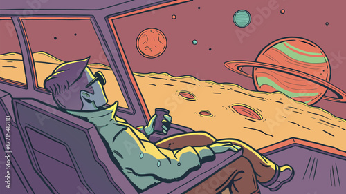 Retro Astronaut Relaxing in Space Lounge with Alien Planet View