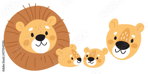 Lovely lion family. Lion father and mother with cubs. Happy lioness muzzle. Wild feline pride. Safari animals group. Savannah fauna. Predator baby with parents. Vector cartoon zoo portrait