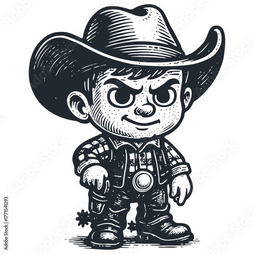 A tough little cowboy kid character in a vintage woodcut or engraving style. Black and white vector illustration, perfect for a mascot or logo.
