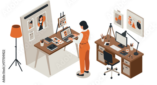 Creative home office setup with art and technology in modern workspace