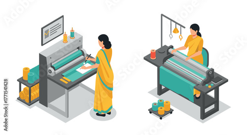 Isometric sewing factory workers operating industrial machines in traditional attire