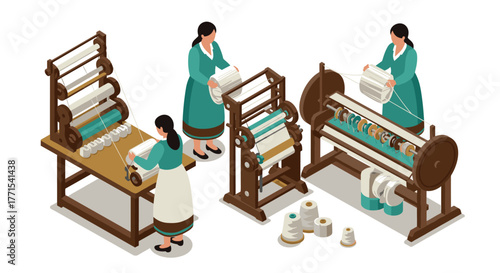 Isometric textile workshop scene with traditional weaving machines and workers