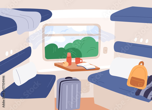 Interior of passenger train carriage with luggage or nature outside window. Comfortable public wagon. Railway journey. Railroad transportation. Armchair seats and table. Vector rail wagon