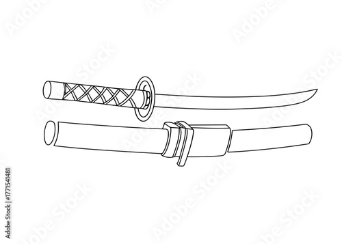 Traditional Japanese katana sword illustration in black and white  