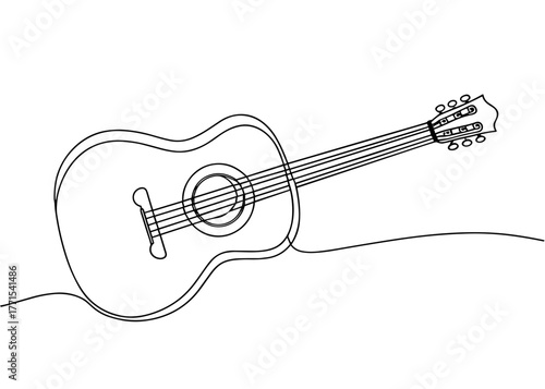 Continuous line drawing of acoustic guitar on white background  