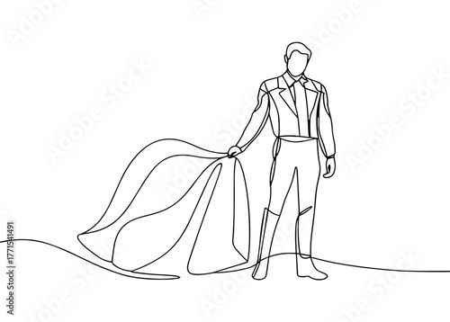 Matador Holding Cape in Continuous Line Drawing Style for Spanish Culture Concepts and Minimalist Poster