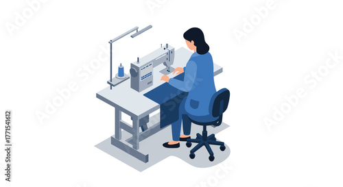 Isometric seamstress working at sewing machine in tailoring workshop