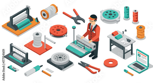 Isometric industrial equipment and technician in workshop setting
