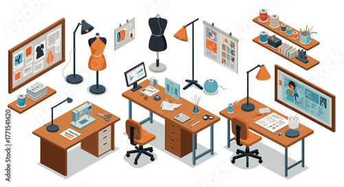 Creative fashion studio workspace with sewing tools and mannequins in isometric design