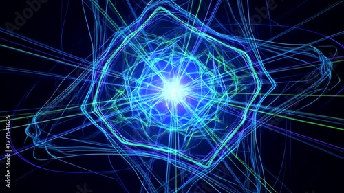 Abstract digital art featuring vibrant blue and green light patterns emanating from a central core, symbolizing energy and technology