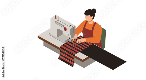 Seamstress using sewing machine for crafting garments in minimalist style