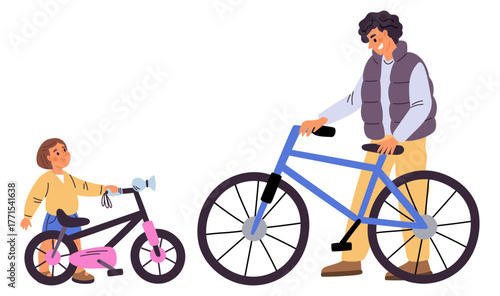 Happy father and daughter buy bicycles for their rides or trips together in park. Family choose bikes in shop. Young bicyclists make purchase. Parent and girl with cycles. Vector concept