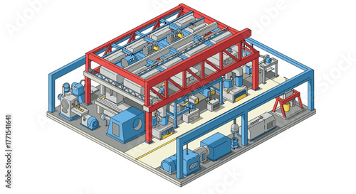 Isometric factory interior with machinery and equipment in red and blue