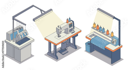 Isometric sewing machines: modern industrial design with various equipment types