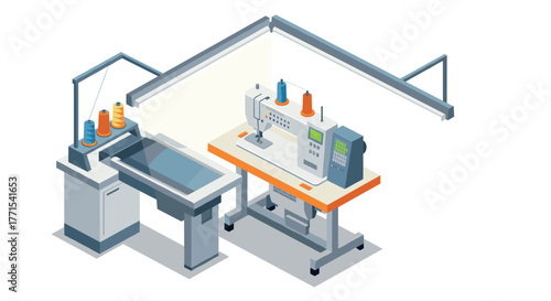 Modern isometric embroidery machine setup in textile workshop