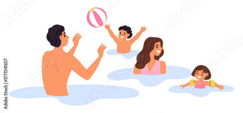 Happy family swims in sea. Father and mother together with children relax at waterpark. Daughter and son play inflated ball in water. Swimming pool fun. Summer travel. Vector concept