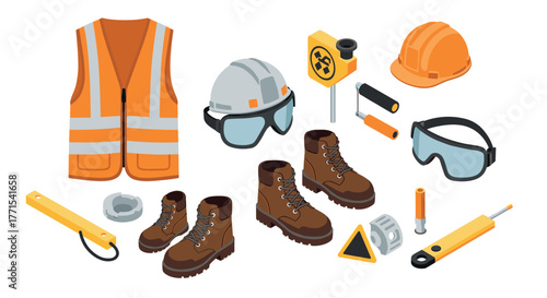 Essential safety gear set featuring protective equipment in isometric style