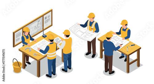 Team of engineers collaborating on architectural blueprints in isometric design
