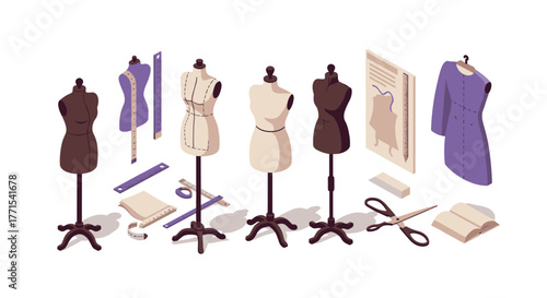 Isometric fashion design tools with dress forms and tailoring accessories