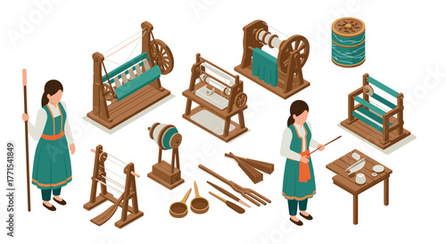 Traditional weaving and spinning tools in isometric style with female artisan