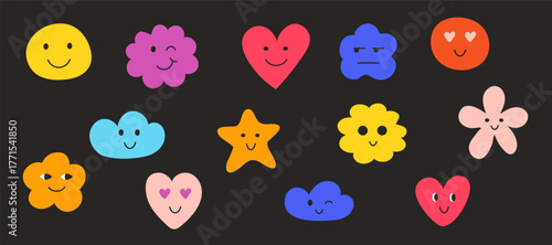 Face smile emoji doodle icon sticker set. Cute kid doodle hand drawn style funny face emoji smile, happy, sad sticker. Funny cartoon emoticon heart, star, flower shape.
