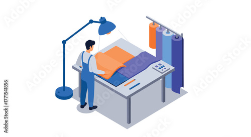 Tailor working on patterns in modern isometric workshop