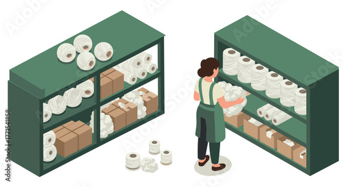 Isometric warehouse worker stocking shelves with supplies and packaging materials