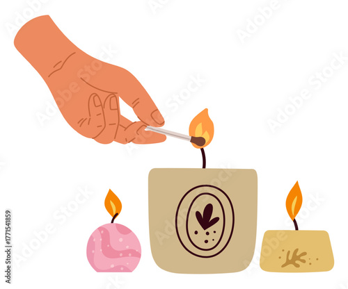 Hand with match light scented candle for romantic mood. Arm burning candlestick. Aroma spa candlelight. Fingers holding blazing matchstick. Relax aromatherapy. Cozy interior. Vector concept