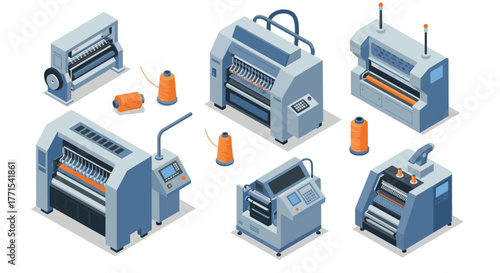 Isometric industrial textile machines and thread spools for fabric manufacturing