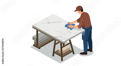 Isometric scene of craftsman polishing marble table with cloth in workshop setting