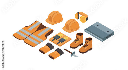 Isometric construction site gear including helmets and safety equipment