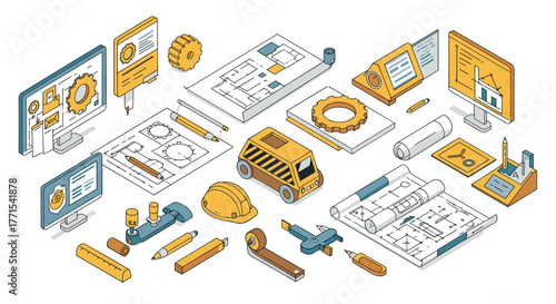 Isometric engineering tools and drafting equipment set