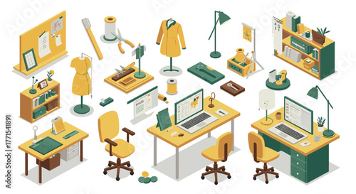 Modern tailor workspace in isometric style with sewing tools and office furniture