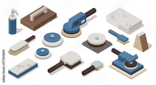Cleaning tools in isometric arrangement with brushes and polishers on marble surface