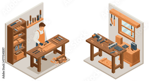 Isometric workshop scene with carpenter at workbench and tools