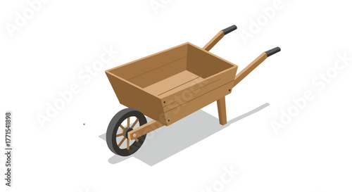 Isometric wooden wheelbarrow on white background