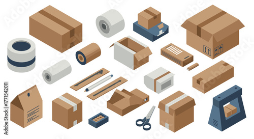 Isometric cardboard box set with packaging tools and supplies