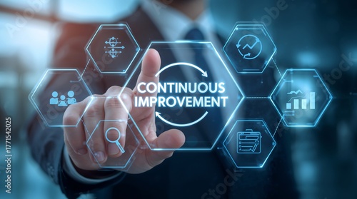 CONTINUOUS IMPROVEMENT. Symbolizing progress and optimization.Teamwork, growth, quality assurance, performance metrics, and success. Innovation, efficiency, and development.