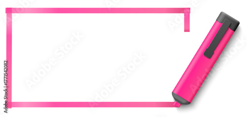 Frame of pink marker line drawn by hand with water based highlighter. Office stationery. Write with realistic pen. Blank banner. Rectangular board. Square empty border. Vector background