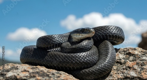 Close-up of a coiled, black snake on a rocky outcrop against a partly cloudy sky