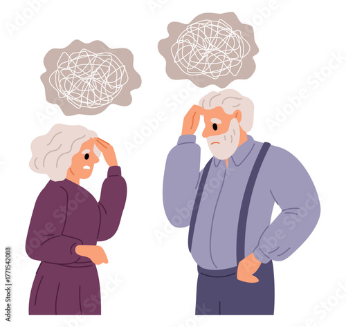 Elderly man and woman suffer from dementia. Memory loss and mental retardation. Age related mind illness. Cognitive disorder diagnosis. Confused senior grandparents. Vector concept