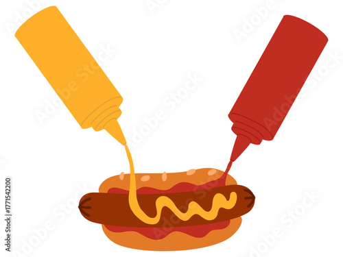 Delicious hot dogs are served with mustard and ketchup. Burger dressing. Squeeze sauce out of bottle. Unhealthy eating. American cuisine. Tasty sandwich with sausage. Vector concept