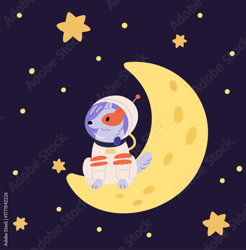 Cute dog astronaut in spacesuit sitting on moon. Universe exploration. Animal cosmonaut. Planet expedition. Spacewalk explore. Astronomy science. Stars and crescent. Vector concept