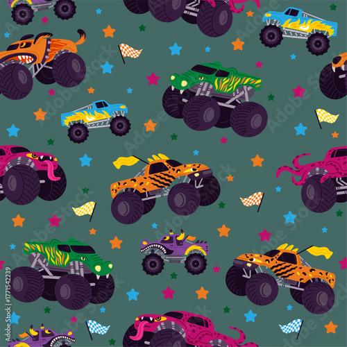 Colorful monster trucks seamless pattern. Cars participate in races. Quadbikes speed driving. Repeated print. Extreme show. Rally flags. Offroad motorsport racers. Vector background