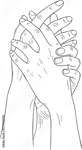 A black and white line art illustration of two hands clasped tightly with intertwined fingers.