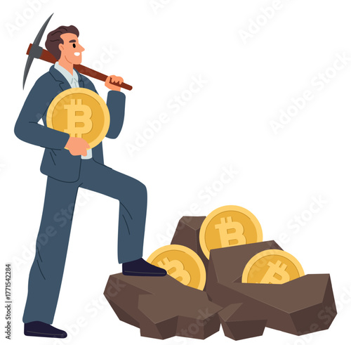 Businessman with pickaxe and bitcoin in his hand. Successful crypto miner. Man mines cryptocurrency. Ore stones. Currency cave. Financial investor picking cash from rock. Vector concept