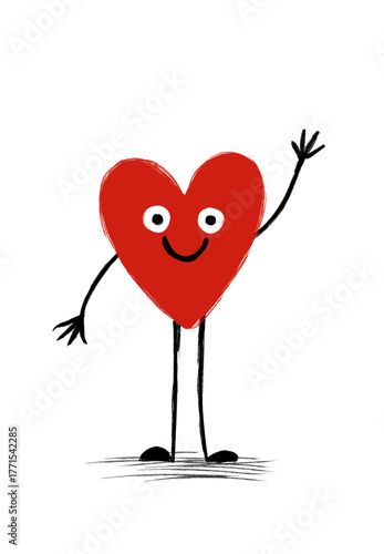 Cheerful red heart character with large white eyes and thin limbs waving with a smile.