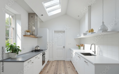 Wallpaper Mural Modern kitchen with white decor and skylights, featuring sleek appliances and greenery. Torontodigital.ca