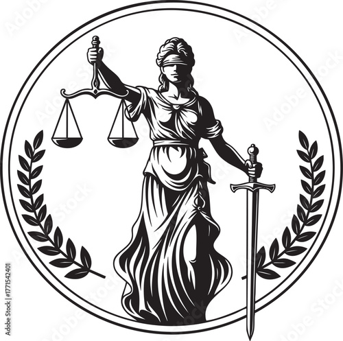 A classical black and white illustration of a blindfolded Lady Justice holding scales and a sword framed by a circular laurel wreath emblem.